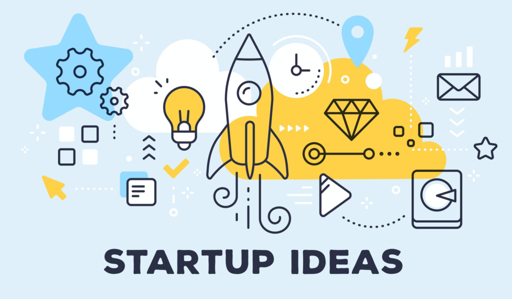 illustration of a rocket launch surrounded by icons like a lightbulb, diamond, gears, and charts representing startup ideas and innovation